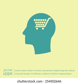 Vector Icon head think silhouette vector man and his mind about cart online store, Internet shop. basket shopping