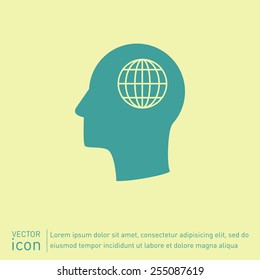 Vector Icon head think silhouette vector man and his mind about  globe symbol. news. Symbol news. Icon globe planet