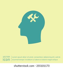 Vector Icon head think silhouette vector man and his mind about  symbol settings sign, hammer and wrench