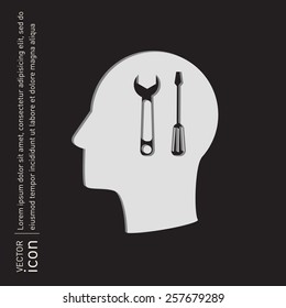 Vector Icon head think silhouette vector man and his mind about symbol settings sign, screwdriver and wrench
