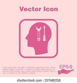 Vector Icon head think silhouette vector man and his mind about symbol settings sign, screwdriver and wrench