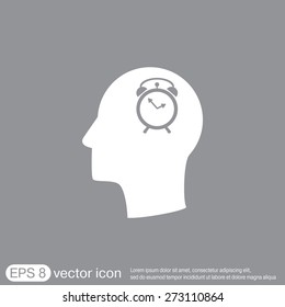 Vector Icon head think silhouette vector man and his mind about alarm clock sign. Symbol morning. Alarm icon . The clock shows the time