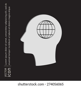 Vector Icon head think silhouette vector man and his mind with globe symbol. news. Symbol news. Icon globe planet