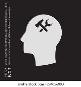 Vector Icon head think silhouette vector man and his mind with symbol settings sign. Hammer and wrench icon.