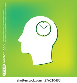 Vector Icon head think silhouette vector man and his mind about clock. watch sign, Icon watch. symbol time