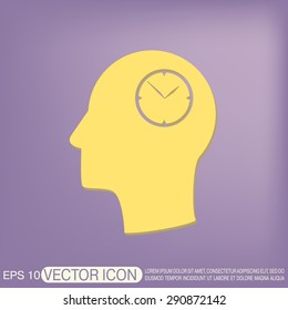 Vector Icon head think silhouette vector man and his mind about clock. watch sign, Icon watch. symbol time