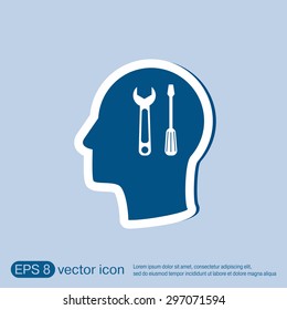 Vector Icon head think silhouette vector man and his mind about symbol settings sign, screwdriver and wrench