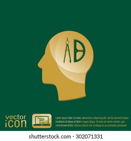 Vector Icon head think silhouette vector man and his mind about the compass and protractor. characters geometry. Education sign. symbol icon drawing and geometry