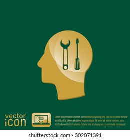 Vector Icon head think silhouette vector man and his mind about symbol settings sign, screwdriver and wrench