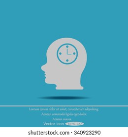 Vector Icon head think silhouette man and his mind about clock. Icon watch.