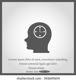 Vector Icon head think silhouette man and his mind about clock. Icon watch.