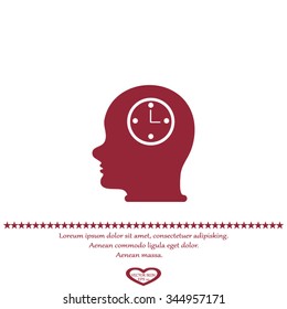 Vector Icon head think silhouette man and his mind about clock. Icon watch.