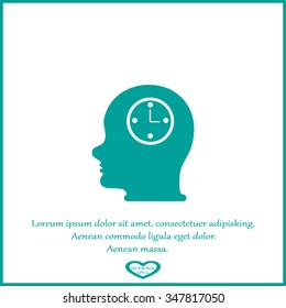 Vector Icon head think silhouette man and his mind about clock. Icon watch.