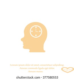 Vector Icon head think silhouette man and his mind about clock. Icon watch.