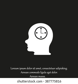 Vector Icon head think silhouette man and his mind about clock. Icon watch.