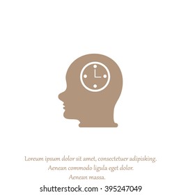 Vector Icon head think silhouette man and his mind about clock. Icon watch.