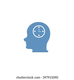 Vector Icon head think silhouette man and his mind about clock. Icon watch.