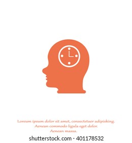 Vector Icon head think silhouette man and his mind about clock. Icon watch.