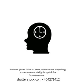 Vector Icon head think silhouette man and his mind about clock. Icon watch.
