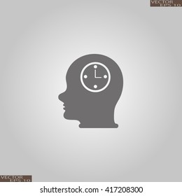 Vector Icon head think silhouette man and his mind about clock. Icon watch.