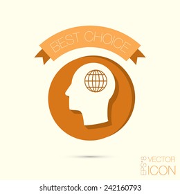 Vector Icon head think silhoutte vector man and his mind about  globe symbol. news. Symbol news. Icon globe planet