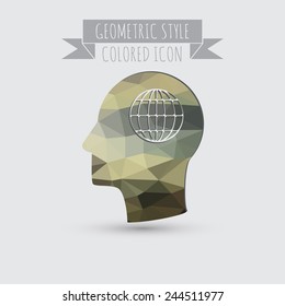 Vector Icon head think silhoutte vector man and his mind about  globe symbol. news. Symbol news. Icon globe planet