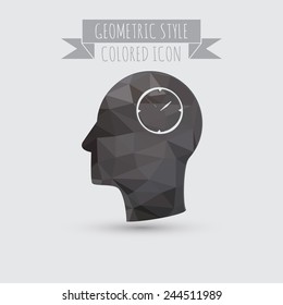 Vector Icon head think silhoutte vector man and his mind about clock. watch sign, Icon watch. symbol time