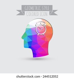 Vector Icon head think silhoutte vector man and his mind about alarm clock sign. Symbol morning. Alarm icon . The clock shows the time