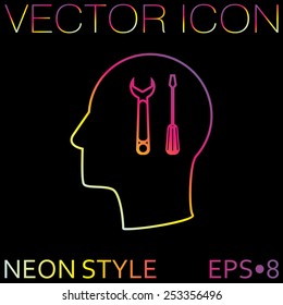 Vector Icon head think silhoutte vector man and his mind about symbol settings sign, screwdriver and wrench