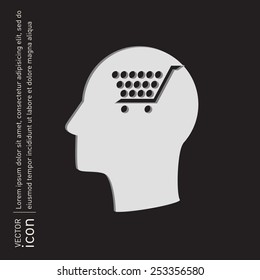 Vector Icon head think silhoutte vector man and his mind about cart online store, Internet shop. basket shopping