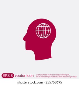 Vector Icon head think silhoutte vector man and his mind about  globe symbol. news. Symbol news. Icon globe planet