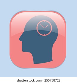 Vector Icon head think silhoutte vector man and his mind about clock. watch sign, Icon watch. symbol time
