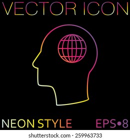 Vector Icon head think silhoutte vector man and his mind about  globe symbol. news. Symbol news. Icon globe planet
