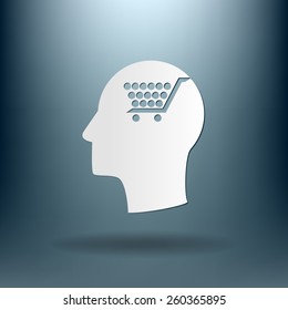 Vector Icon head think silhoutte vector man and his mind about cart online store, Internet shop. basket shopping