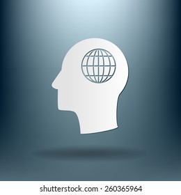 Vector Icon head think silhoutte vector man and his mind about  globe symbol. news. Symbol news. Icon globe planet