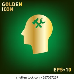 Vector Icon head think silhoutte vector man and his mind about  symbol settings sign, hammer and wrench