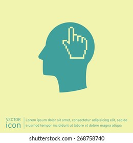 Vector Icon head think silhoutte vector man and his mind about mouse hand cursor. pixel view