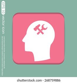 Vector Icon head think silhoutte vector man and his mind about  symbol settings sign, hammer and wrench