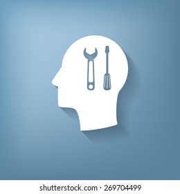 Vector Icon head think silhoutte vector man and his mind about symbol settings sign, screwdriver and wrench