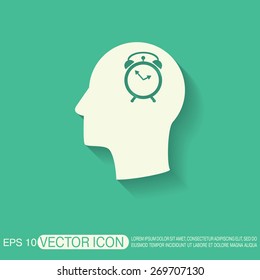 Vector Icon head think silhoutte vector man and his mind about alarm clock sign. Symbol morning. Alarm icon . The clock shows the time