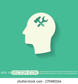 Vector Icon head think silhoutte vector man and his mind about  symbol settings sign, hammer and wrench