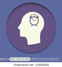 Vector Icon head think silhoutte vector man and his mind about alarm clock sign. Symbol morning. Alarm icon . The clock shows the time