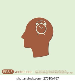Vector Icon head think silhoutte vector man and his mind about alarm clock sign. Symbol morning. Alarm icon . The clock shows the time