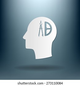 Vector Icon head think silhoutte vector man and his mind about the compass and protractor. characters geometry. Education sign. symbol icon drawing and geometry
