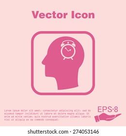 Vector Icon head think silhoutte vector man and his mind about alarm clock sign. Symbol morning. Alarm icon . The clock shows the time