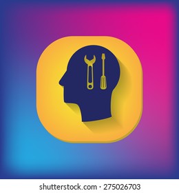 Vector Icon head think silhoutte vector man and his mind about symbol settings sign, screwdriver and wrench