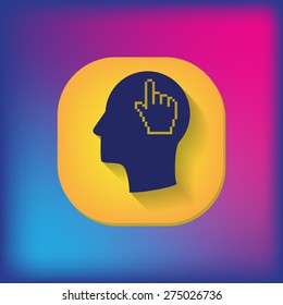 Vector Icon head think silhoutte vector man and his mind about mouse hand cursor. pixel view