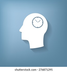 Vector Icon head think silhoutte vector man and his mind about clock. watch sign, Icon watch. symbol time
