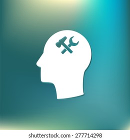 Vector Icon head think silhoutte vector man and his mind about  symbol settings sign, hammer and wrench