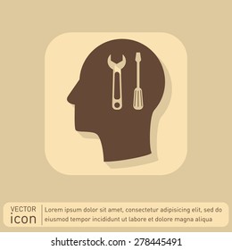 Vector Icon head think silhoutte vector man and his mind about symbol settings sign, screwdriver and wrench